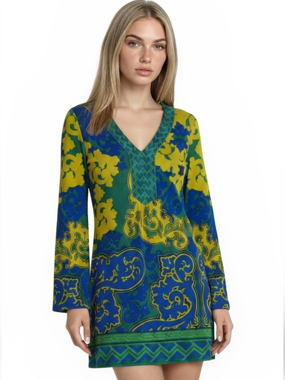 Hale Bob 70s Retro Green Blue Yellow Bell Sleeve Print Long Sleeve Mini Dress